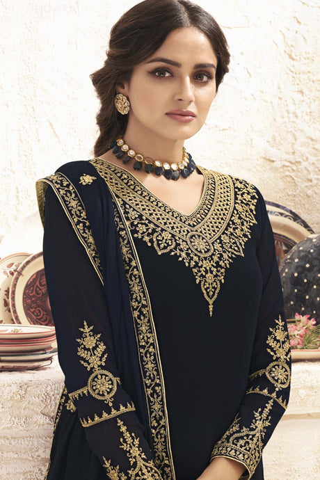 Buy navy-blue Georgette resham embroidery Palazzo Suit Set Online - Back