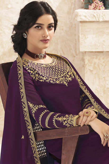 Wine Georgette Resham Embroidery Palazzo Suit Set