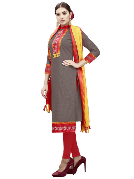 Cotton Mirror Embroidered Suit Set Dress Material In Brown