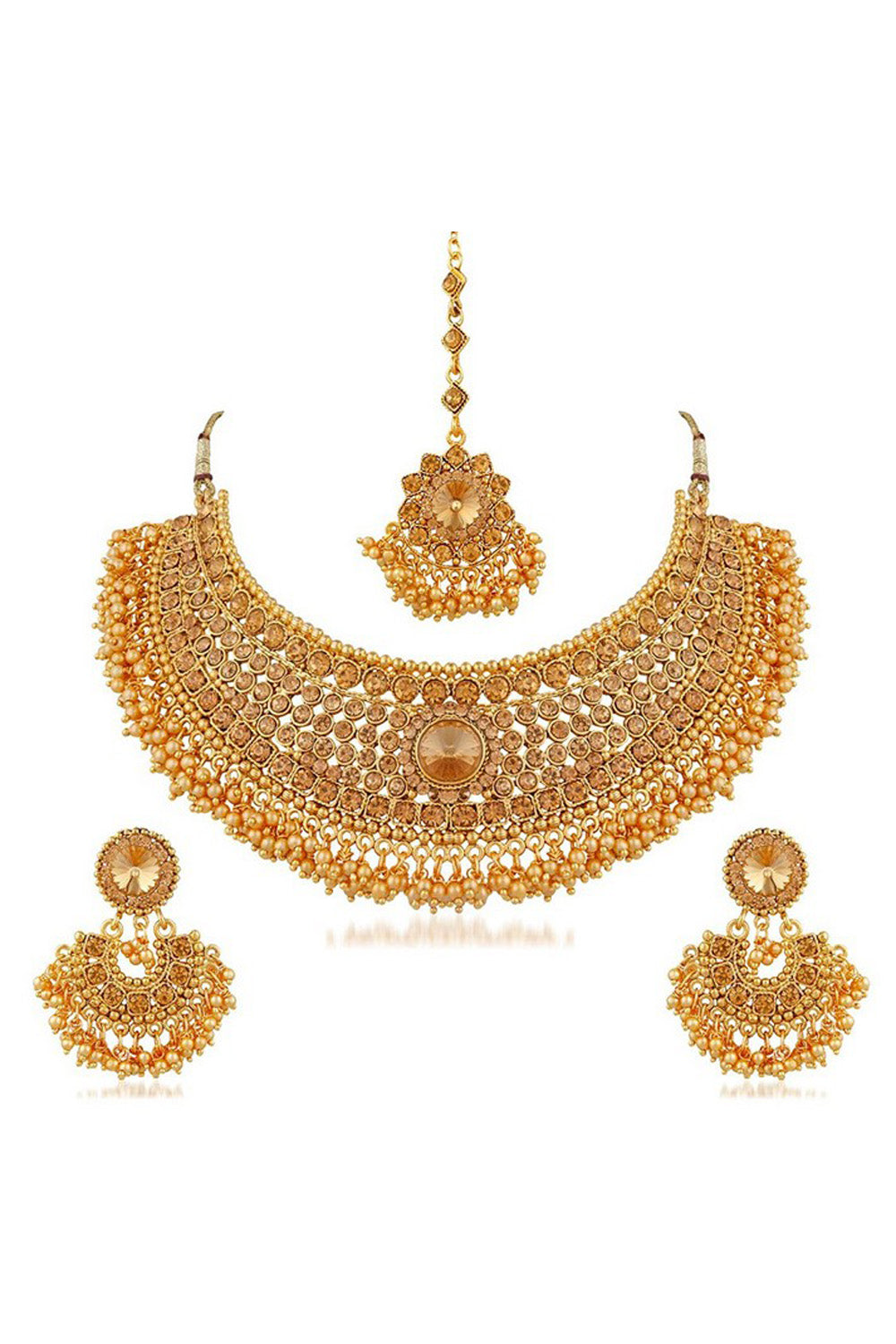 Alloy Necklace With Earrings And Maang Tikka In Gold