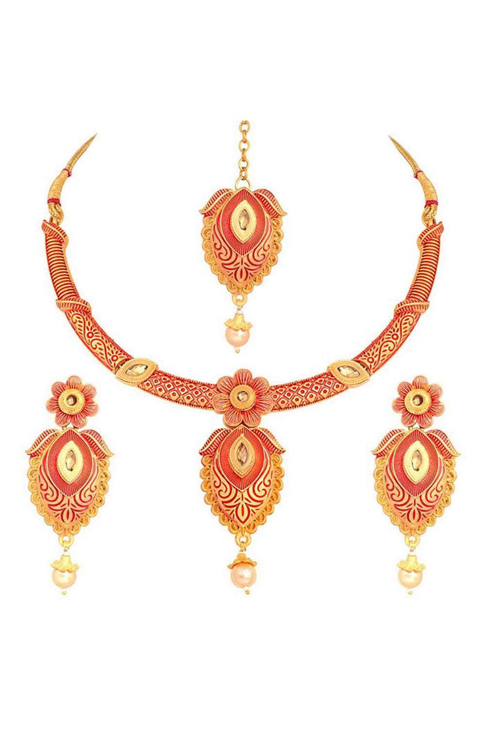 Alloy Choker Necklace Set with Earrings and Maang Tikka in Red