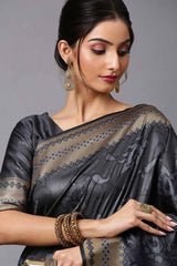 Cotton Silk Abstract Print Saree In Charcoal Grey