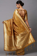 Cotton Silk Abstract Print Saree In Mustard