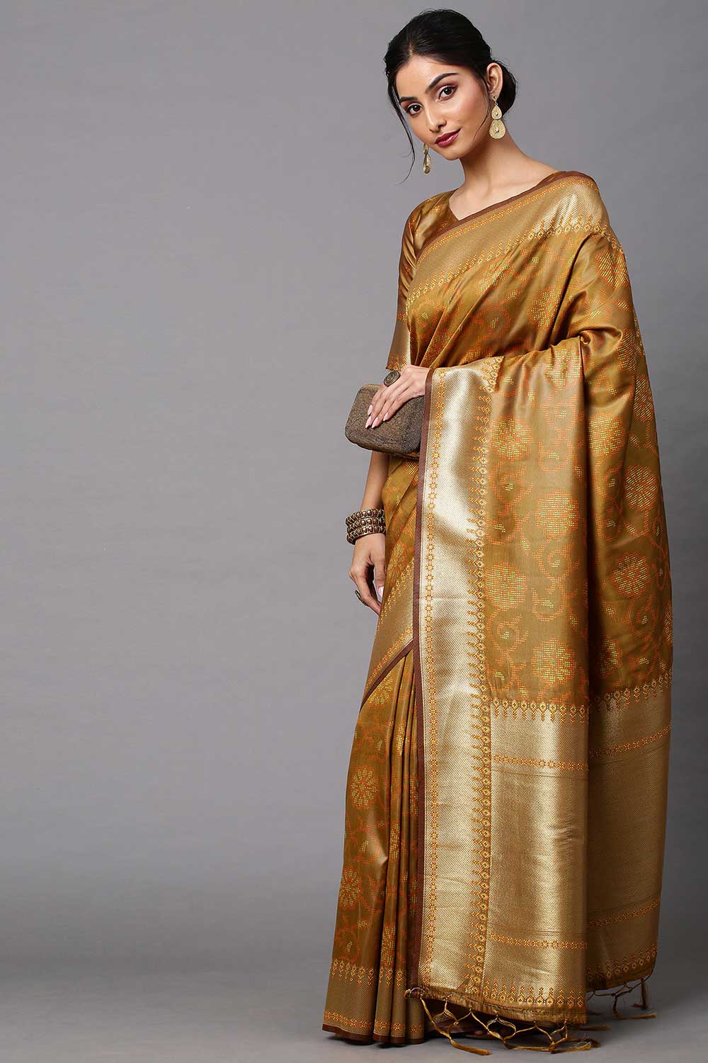 Cotton Silk Abstract Print Saree In Mustard