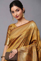 Cotton Silk Abstract Print Saree In Mustard