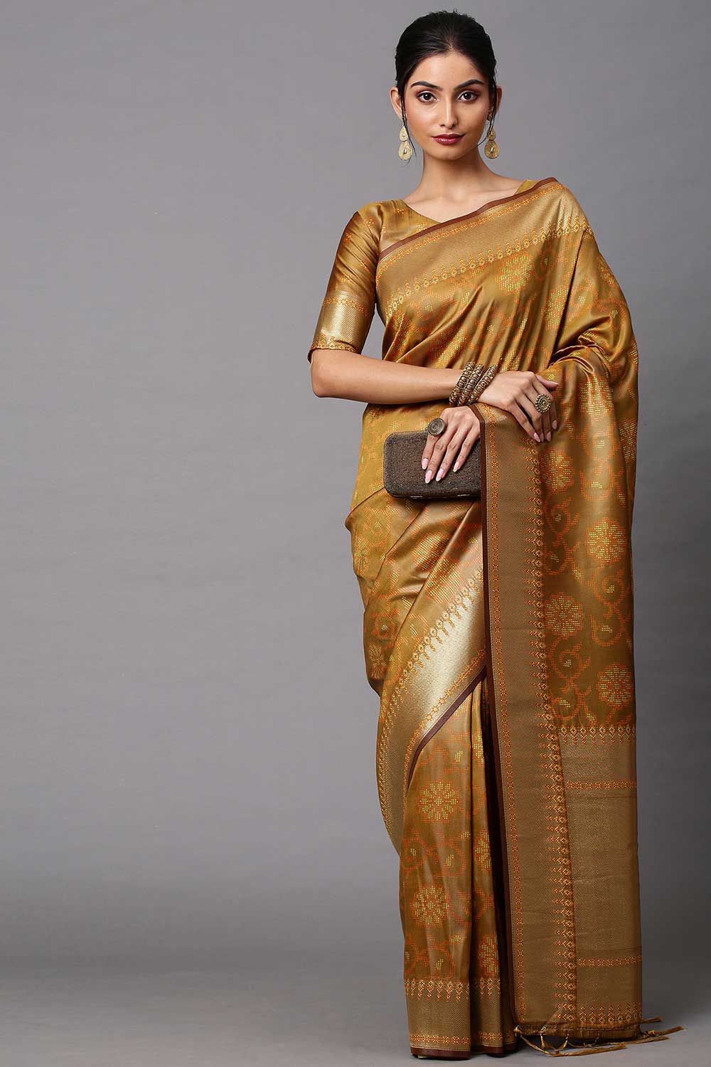 Cotton Silk Abstract Print Saree In Mustard