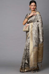 Cotton Silk Abstract Print Saree In Grey