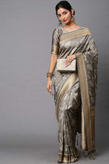 Cotton Silk Abstract Print Saree In Grey