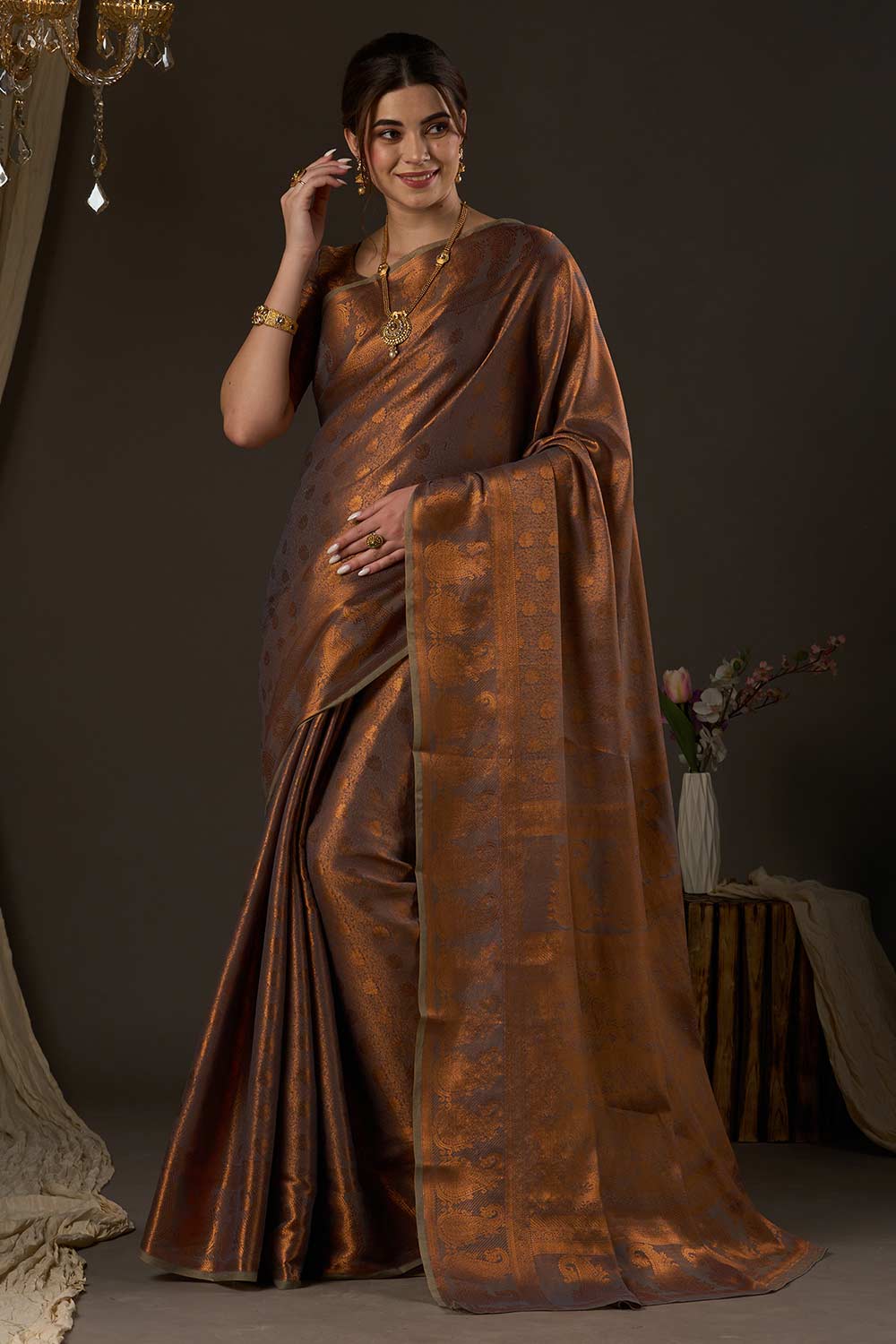 Grey Silk Blend Paisley Woven Design Saree