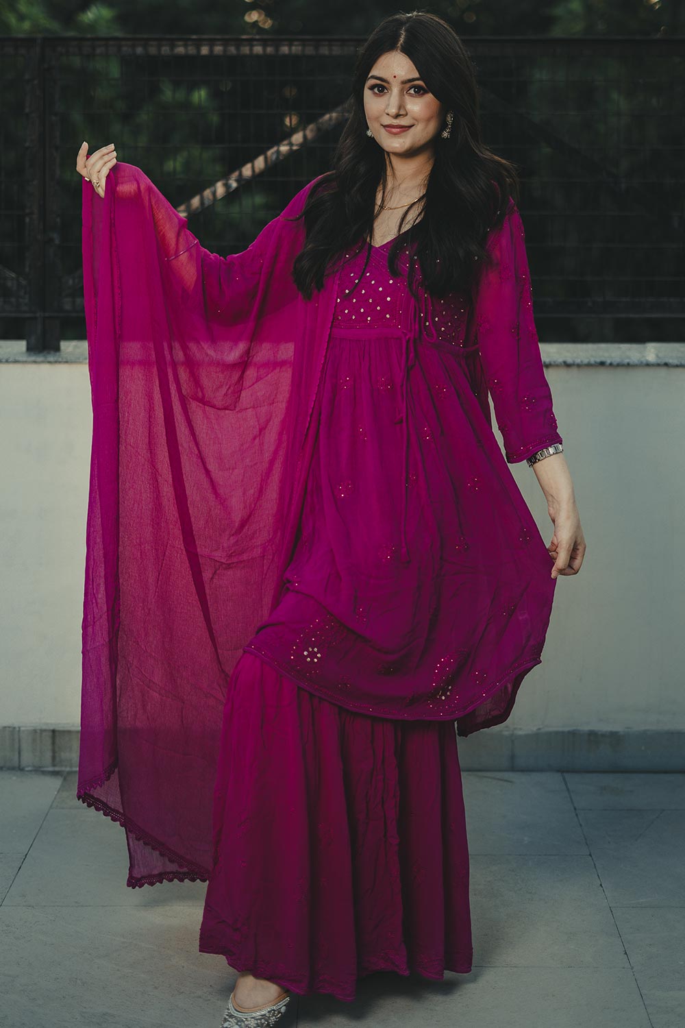 Chikankari And Mukaish Maahru Short Kurti Garara Set In Magenta