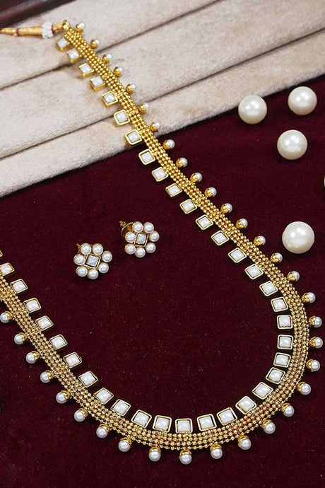 Buy Women's Alloy Pearl and Kundan Necklace and Earring Sets in White - Front