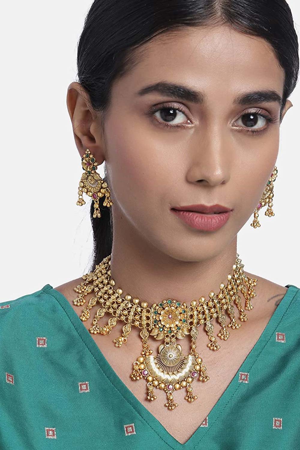 Buy Women's Alloy Rajwadi Choker Set in Gold - Front