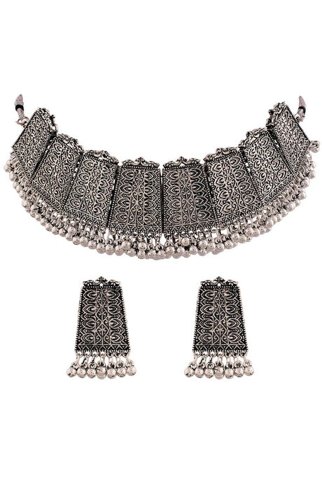 Buy Women's Alloy Oxidised Silver Plated Choker Set in Silver - Front