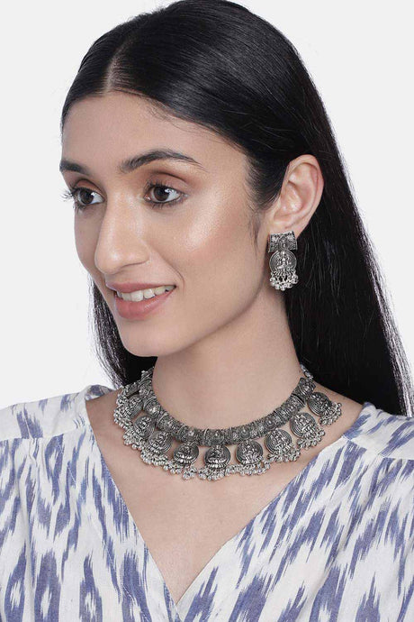 Buy Women's Alloy Laxmi Choker Set in Silver - Front