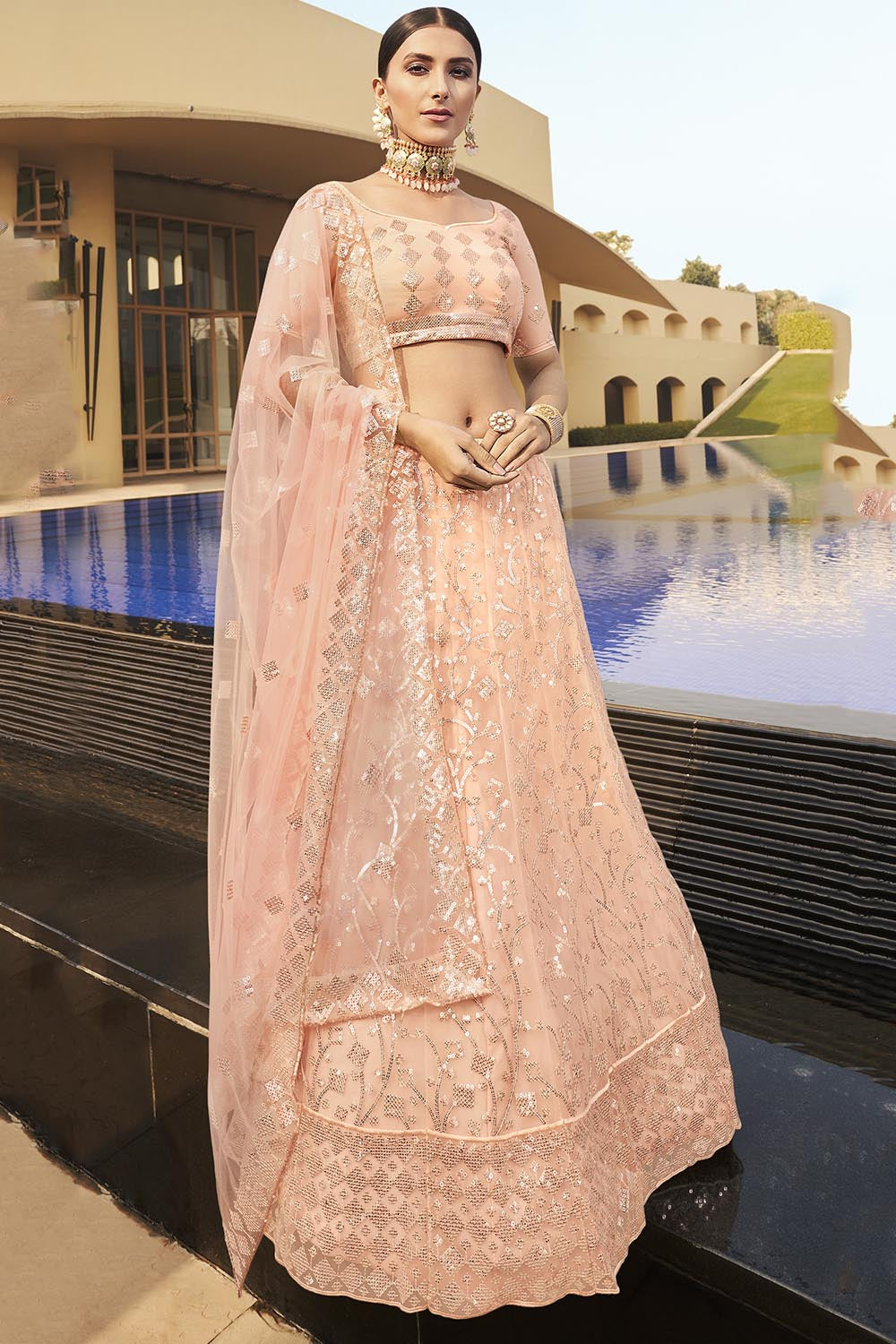 Buy Net Embroidered Lehenga Choli in Peach