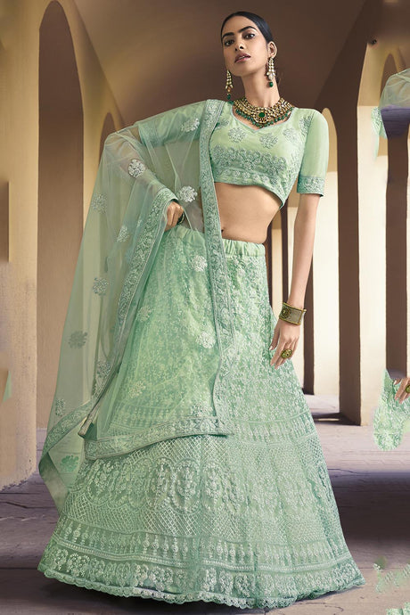 Buy Net Embroidered Lehenga Choli in Green