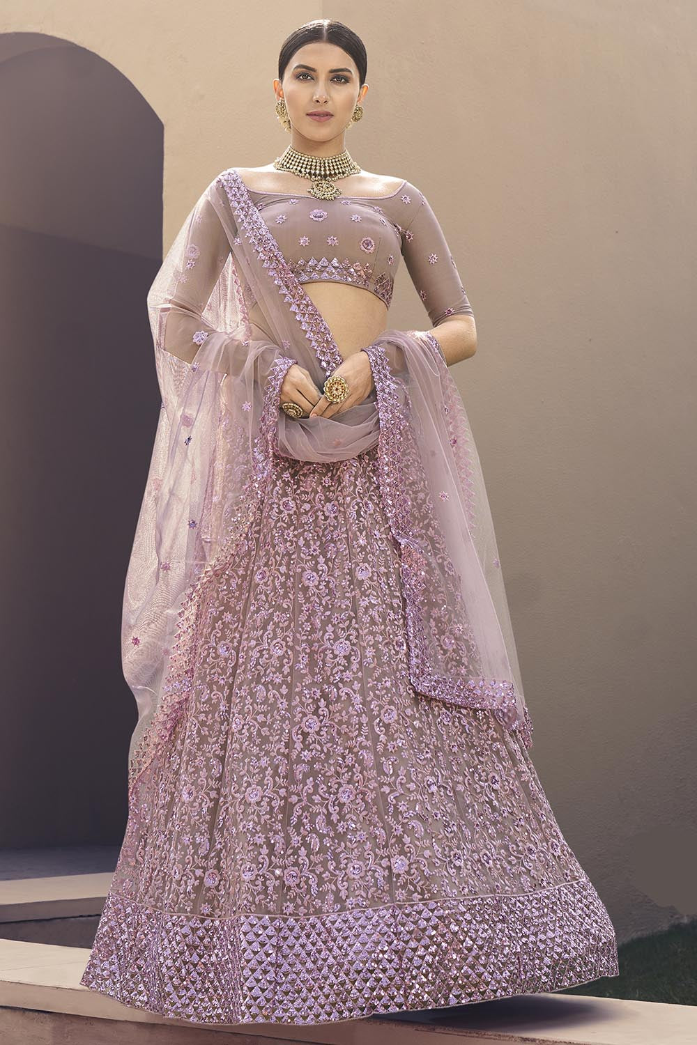 Buy Net Embroidered Lehenga Choli in Purple