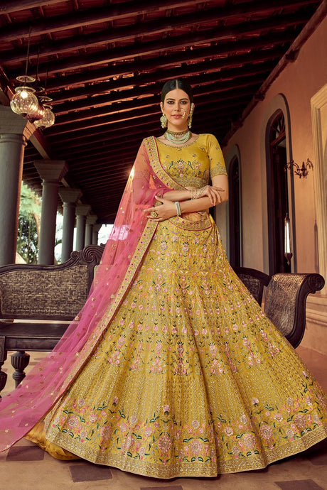 Buy Organza Embroidered Lehenga Choli in Mustard