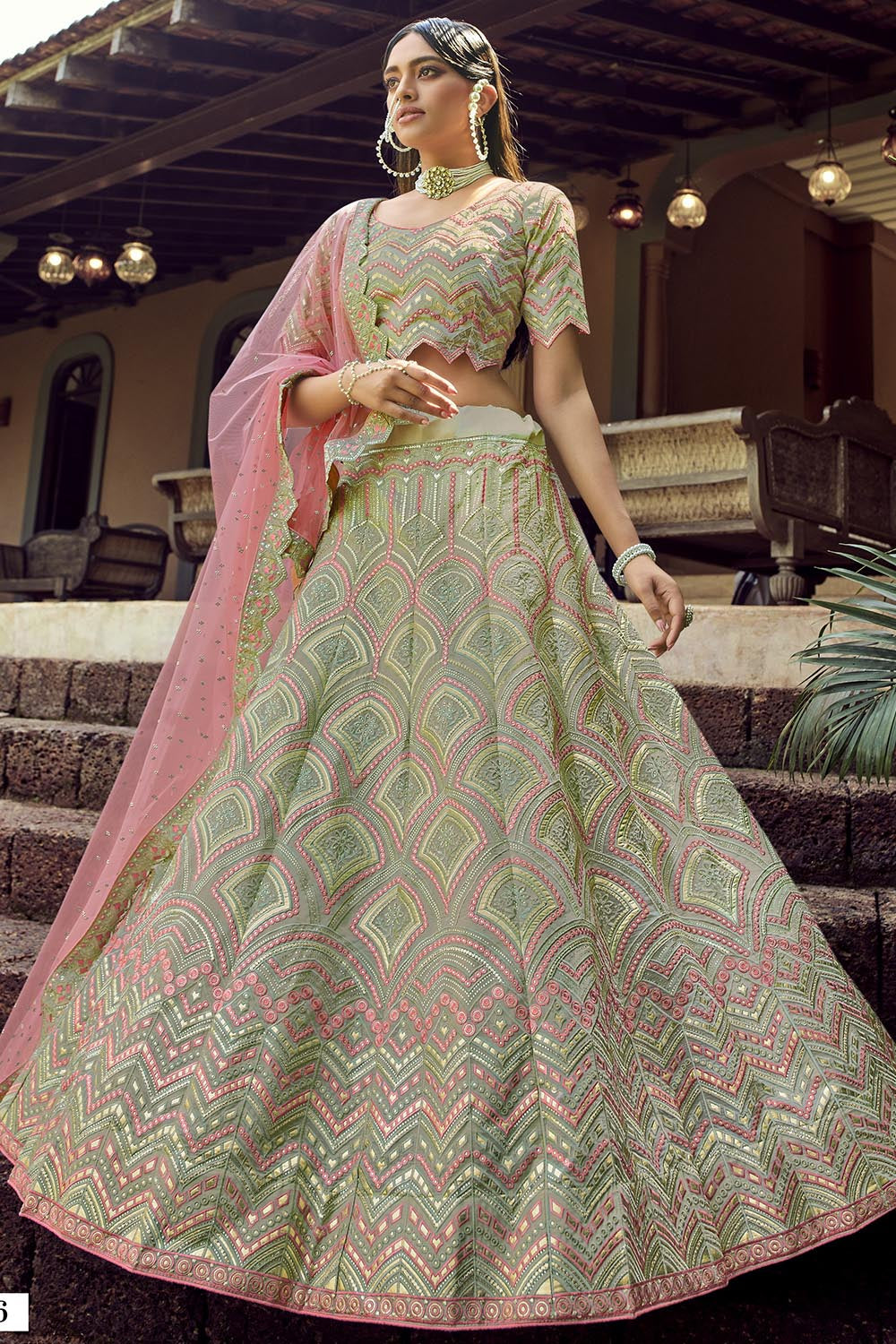 Buy Organza Embroidered Lehenga Choli in Green