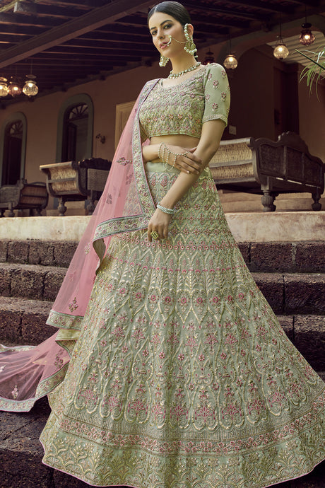 Buy Faux Georgette Embroidered Lehenga Choli in Green