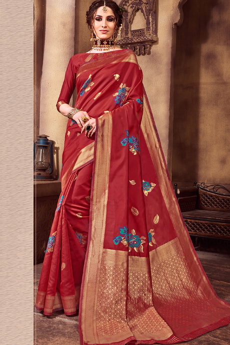 Art Silk Woven Saree In Red