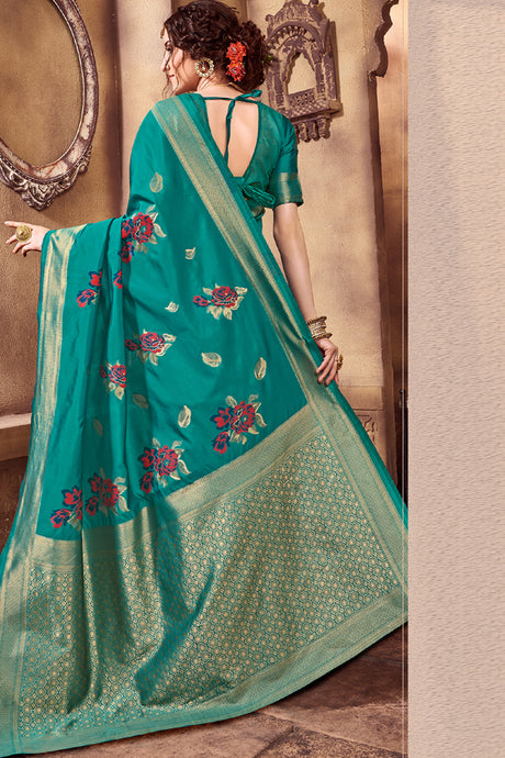 Art Silk Woven Saree In Dark Turquoise