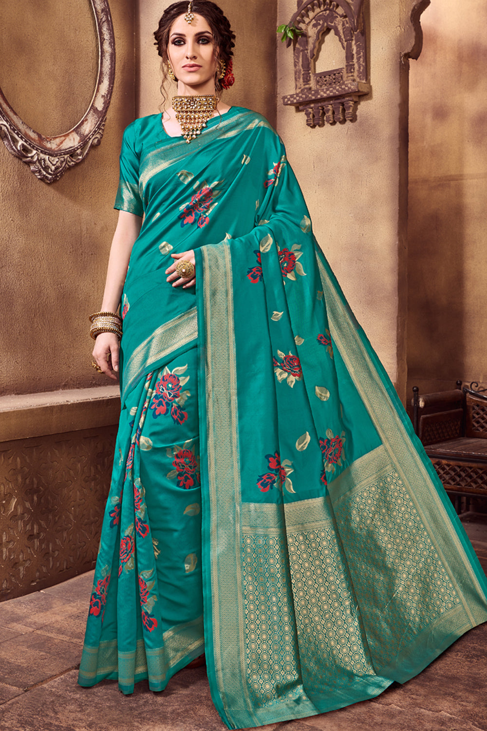 Art Silk Woven Saree In Dark Turquoise