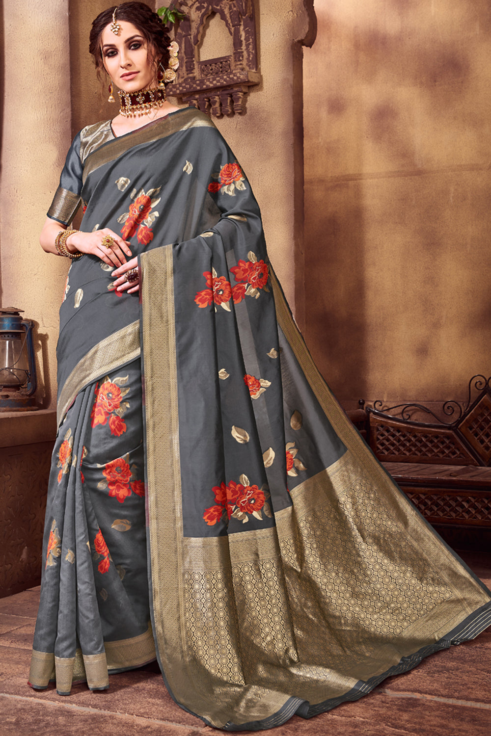 Art Silk Woven Saree In Grey