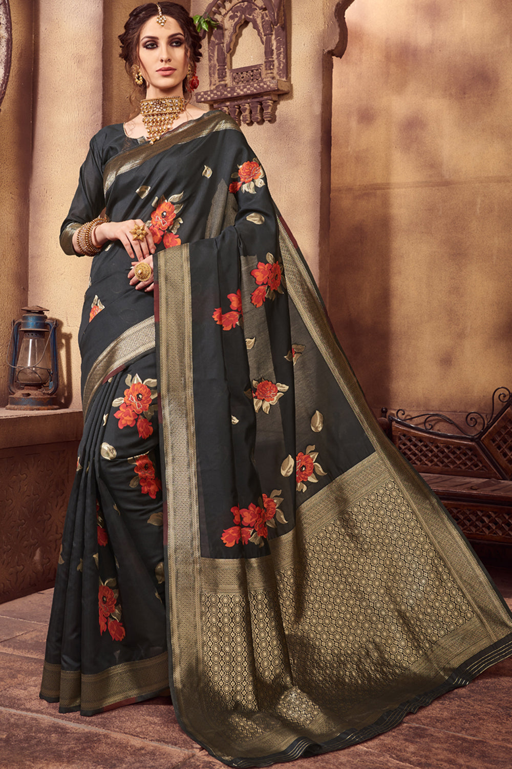 Art Silk Woven Saree In Black