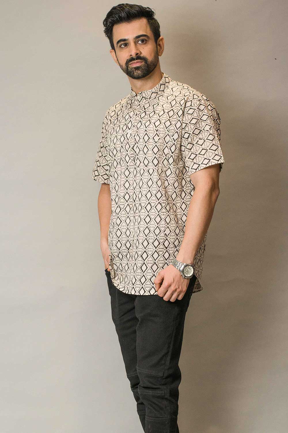 Hand block Print Short Kurta In Off White