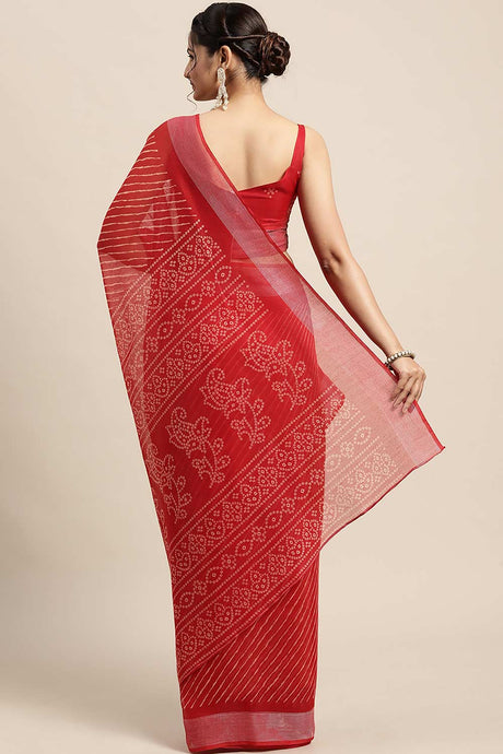 Red Cotton Blend Leheriya Printed Saree