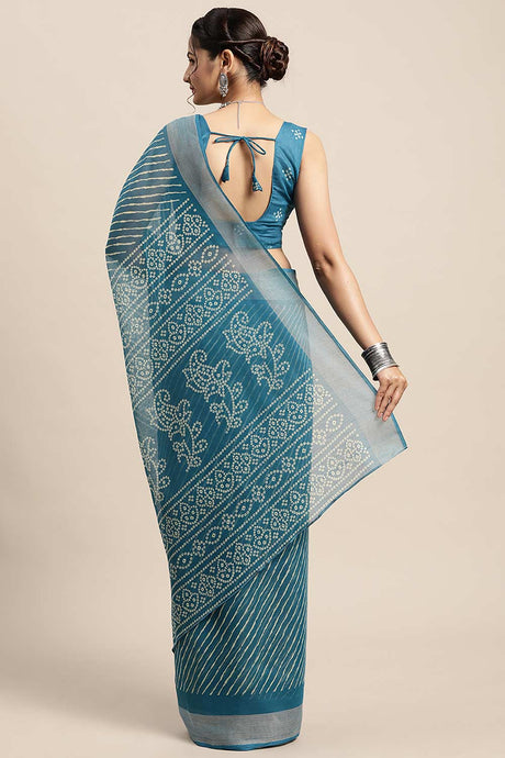 Blue Cotton Blend Leheriya Printed Saree