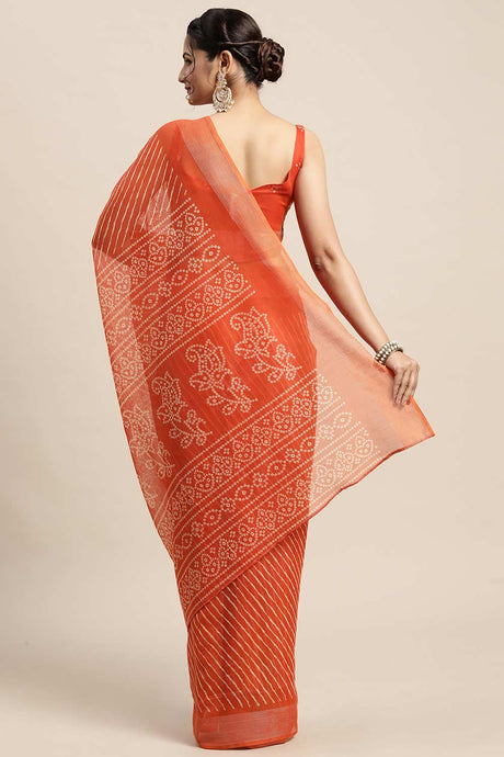 Orange Cotton Blend Leheriya Printed Saree