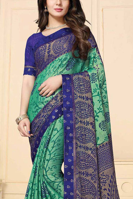 Buy Sea Green & Blue Chiffon Brasso Floral Printed Saree Online - KARMAPLACE