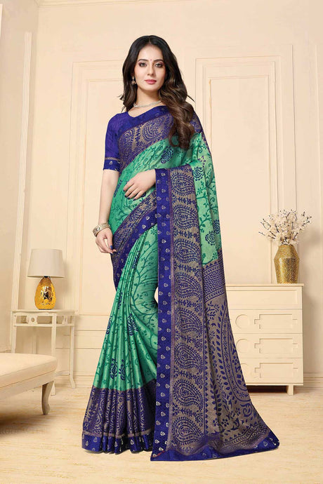 Buy Sea Green & Blue Chiffon Brasso Floral Printed Saree Online - KARMAPLACE