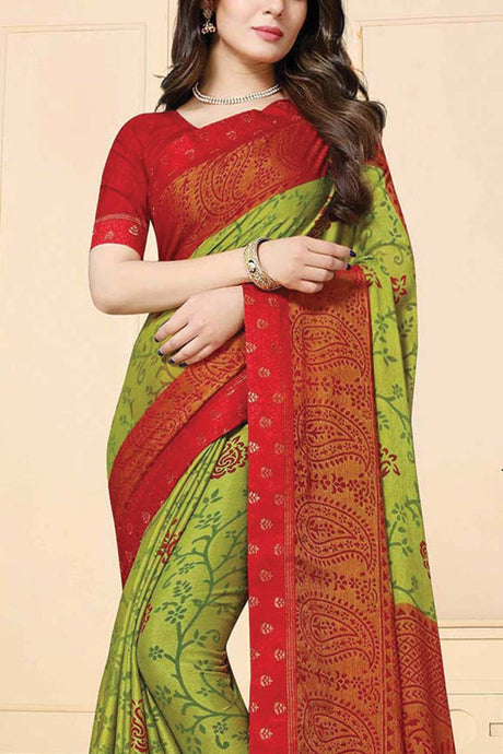 Buy Green & Red Chiffon Brasso Floral Printed banarsi Saree Online - KARMAPLACE