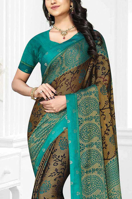 Buy Brown & Sea Green Chiffon Brasso Floral Printed Saree Online - KARMAPLACE