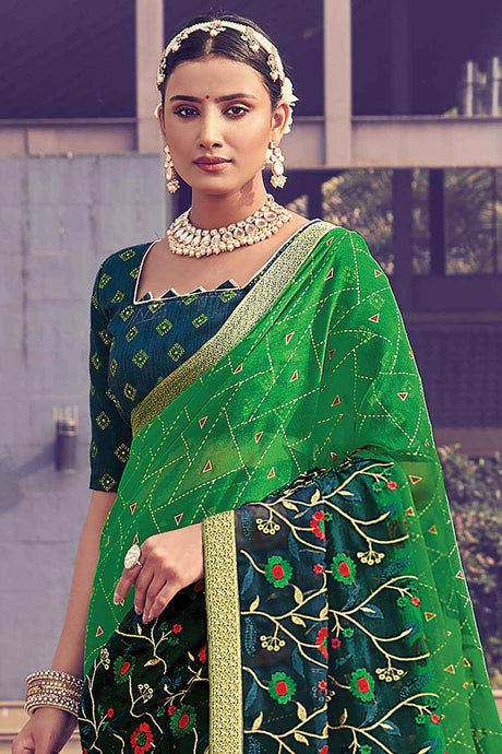 Green Chiffon Polka Dot Embroidered Banarasi Saree