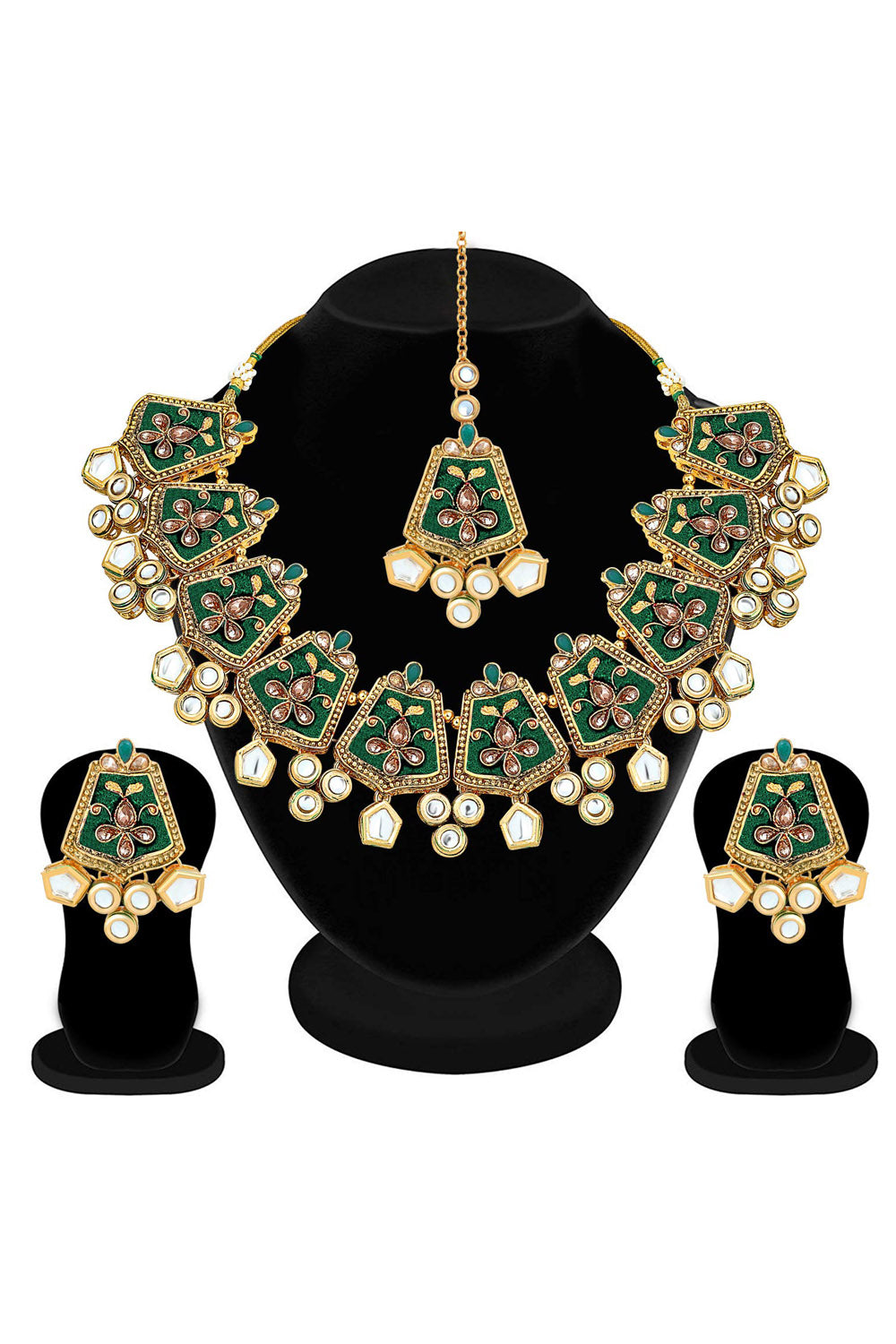 Alloy Necklace With Earrings And Maang Tikka In Green