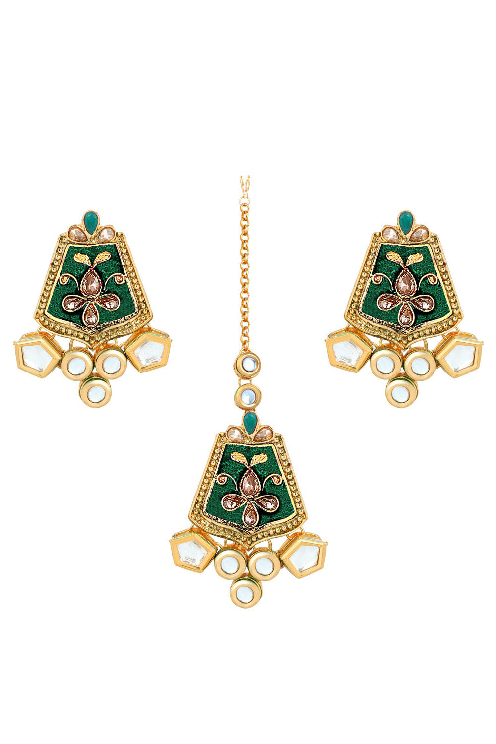 Alloy Necklace With Earrings And Maang Tikka In Green