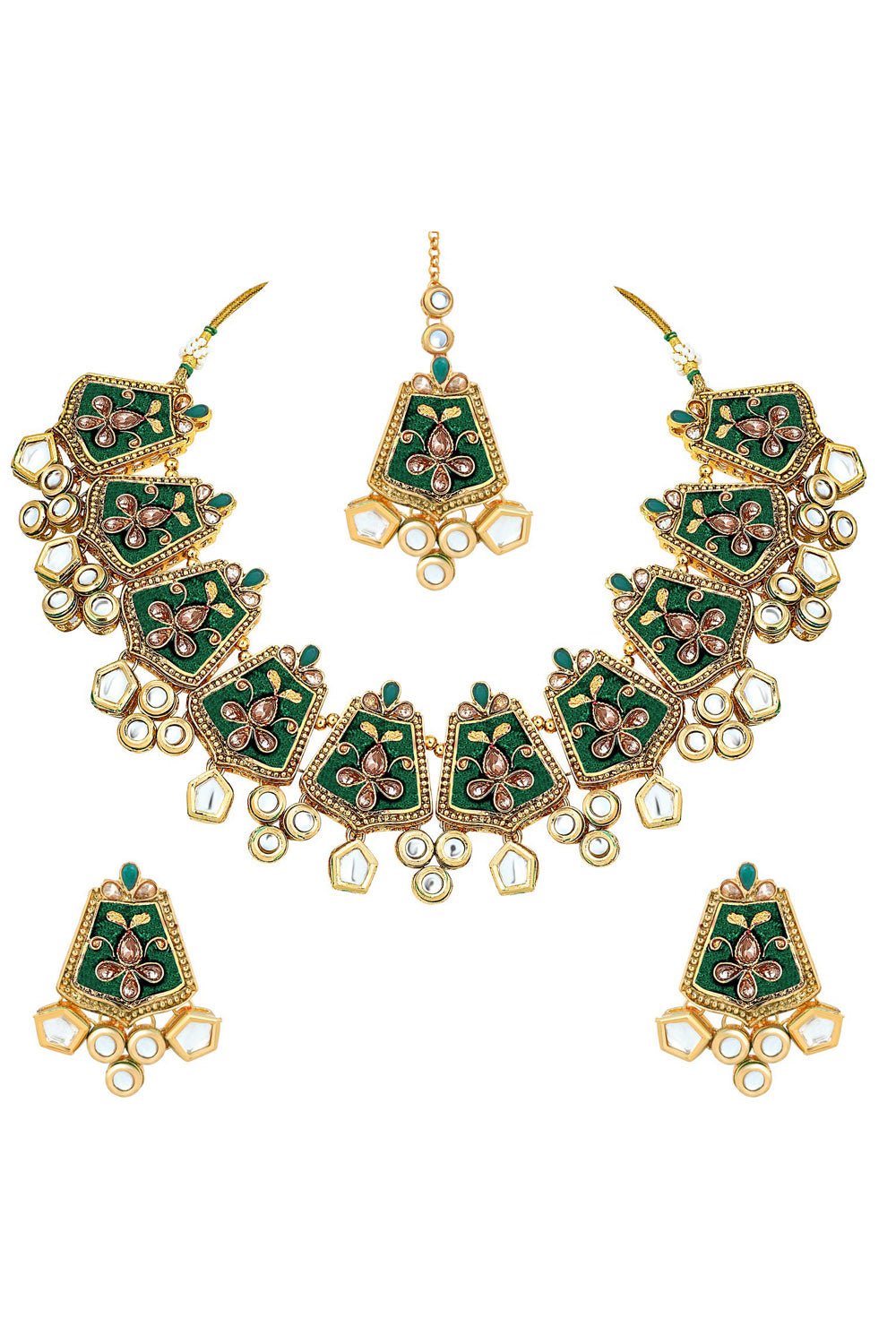 Alloy Necklace With Earrings And Maang Tikka In Green