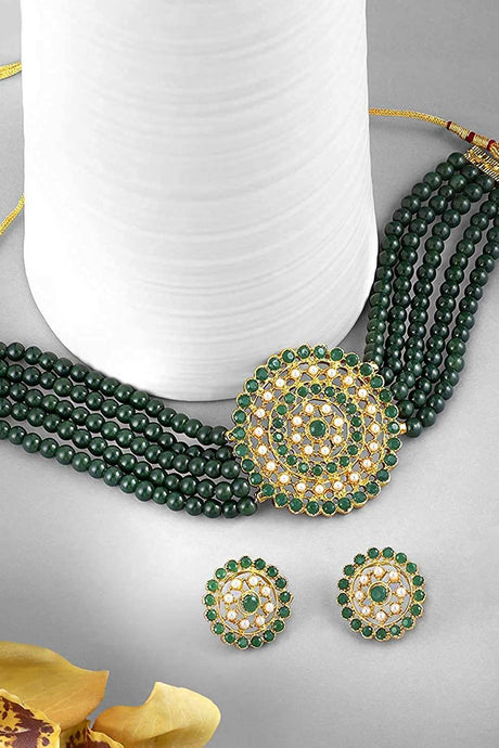 Buy Women's Alloy Necklace Set in Green and Gold