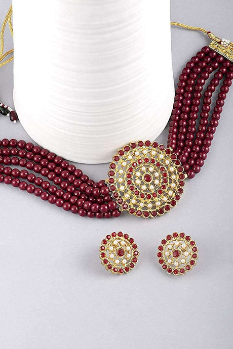 Buy Women's Alloy Necklace Set in Maroon and Gold