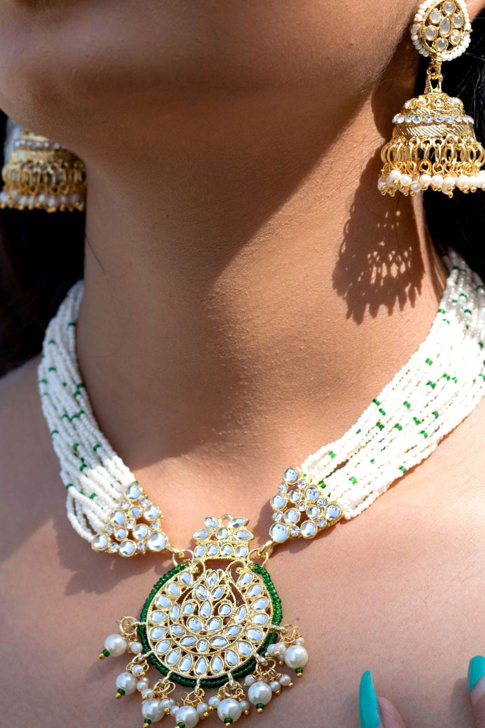 Buy Women's Alloy Necklace & Earring Sets in Green - Front