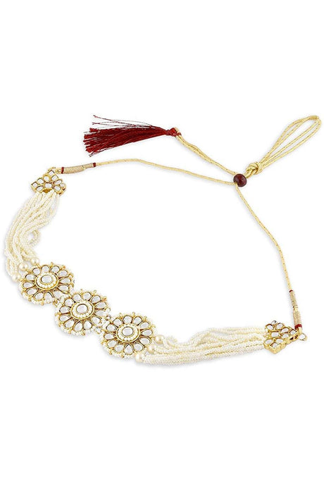 White Gold Plated Kundan Studded Pearl Choker With Earrings