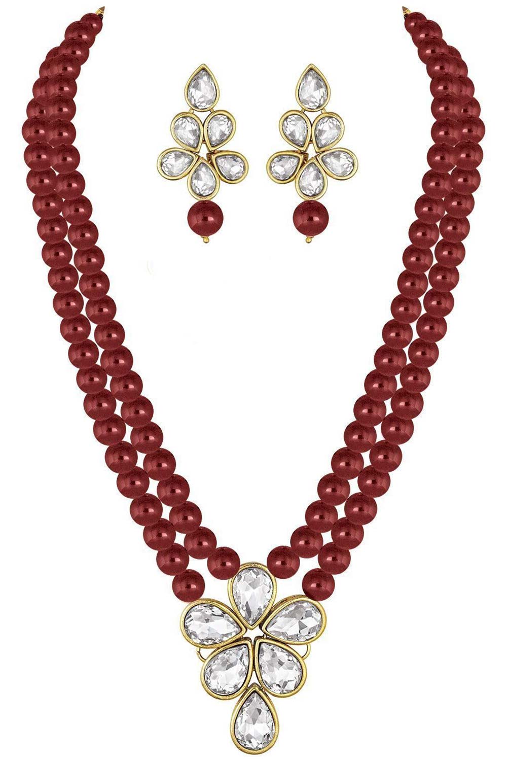 Maroon Gold Plated Kundan And Pearl Studded Necklace Jewelry Set