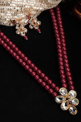 Maroon Gold Plated Kundan And Pearl Studded Necklace Jewelry Set