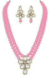 Pink Gold Plated Kundan And Pearl Studded Necklace Jewelry Set