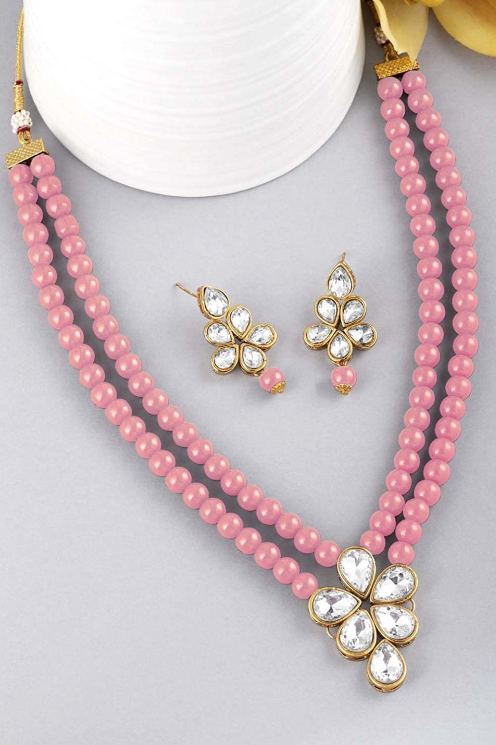 Pink Gold Plated Kundan And Pearl Studded Necklace Jewelry Set