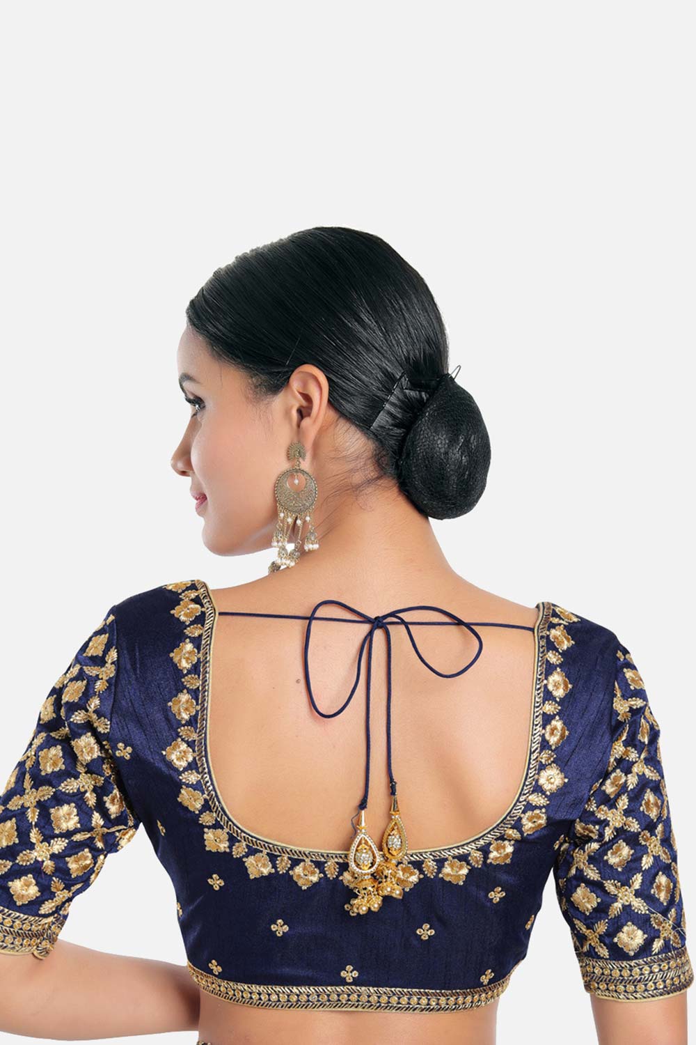 Navy Blue Silk Embroidered Elbow Sleeves Blouse
